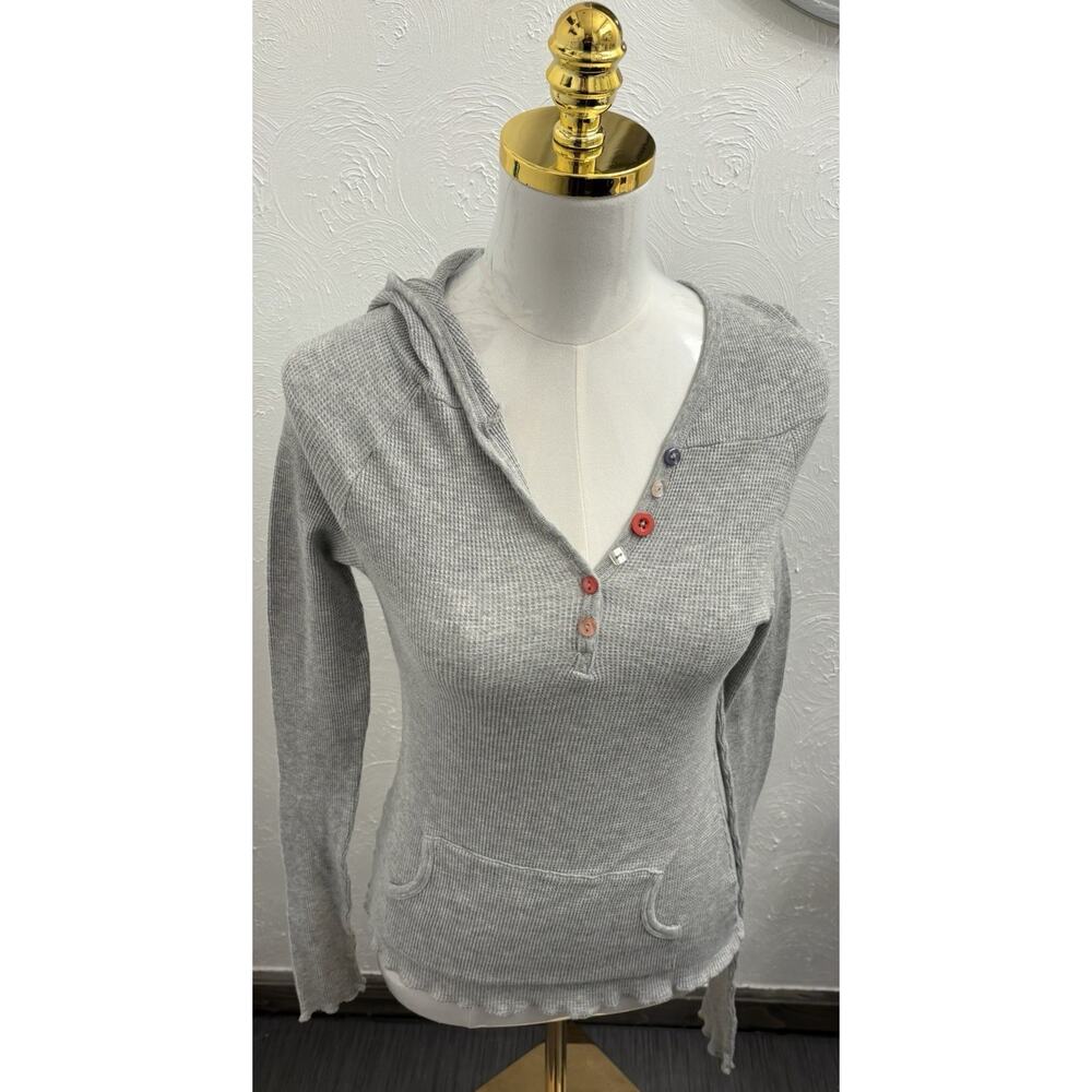 Vintage Lola Waffle Thermal Hooded Henley Size Medium Y2K Buttons Pouch Cotton
